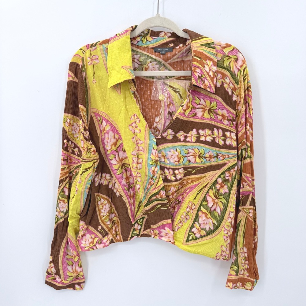 Haute Hippie XL Paisley Floral Wrap‎ Front Cropped Blouse Yellow Brown Pink